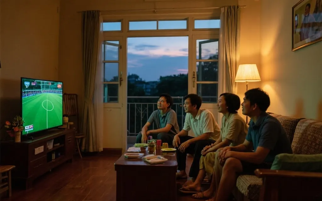 越南球迷清晨观赛的生活场景，温暖室内与电视直播