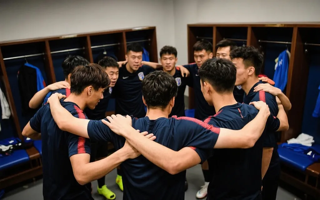 更衣室里队长与队友围成一圈鼓舞士气的场景