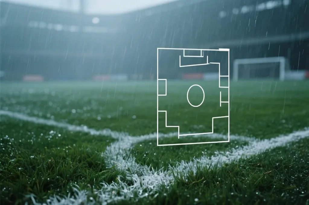 雨天球场与战术板叠加，呈现天气场地对节奏的影响