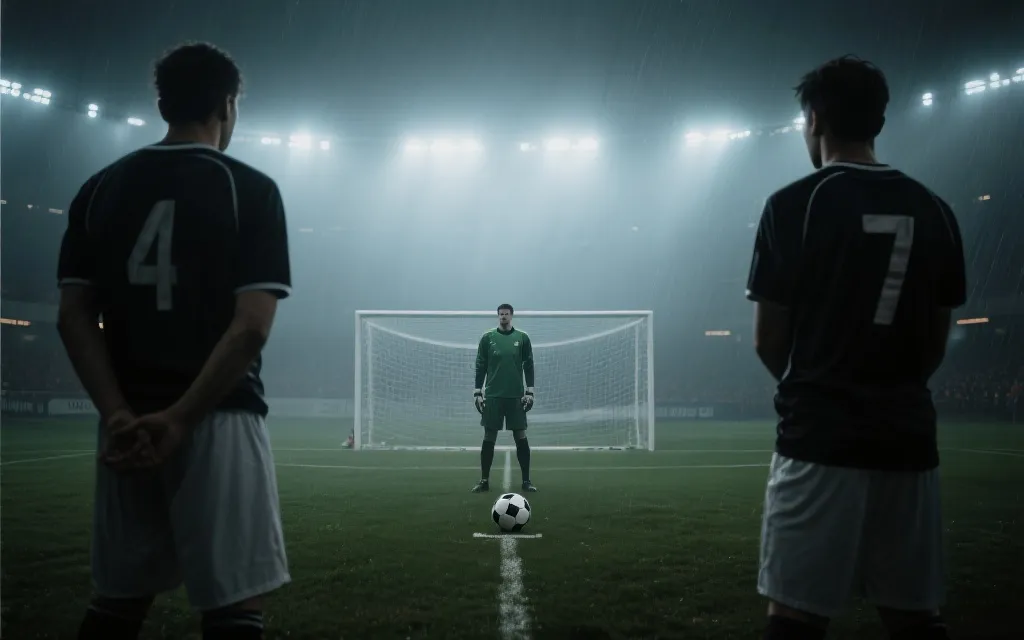点球大战前球员与门将的紧张瞬间，聚光灯与雨夜氛围